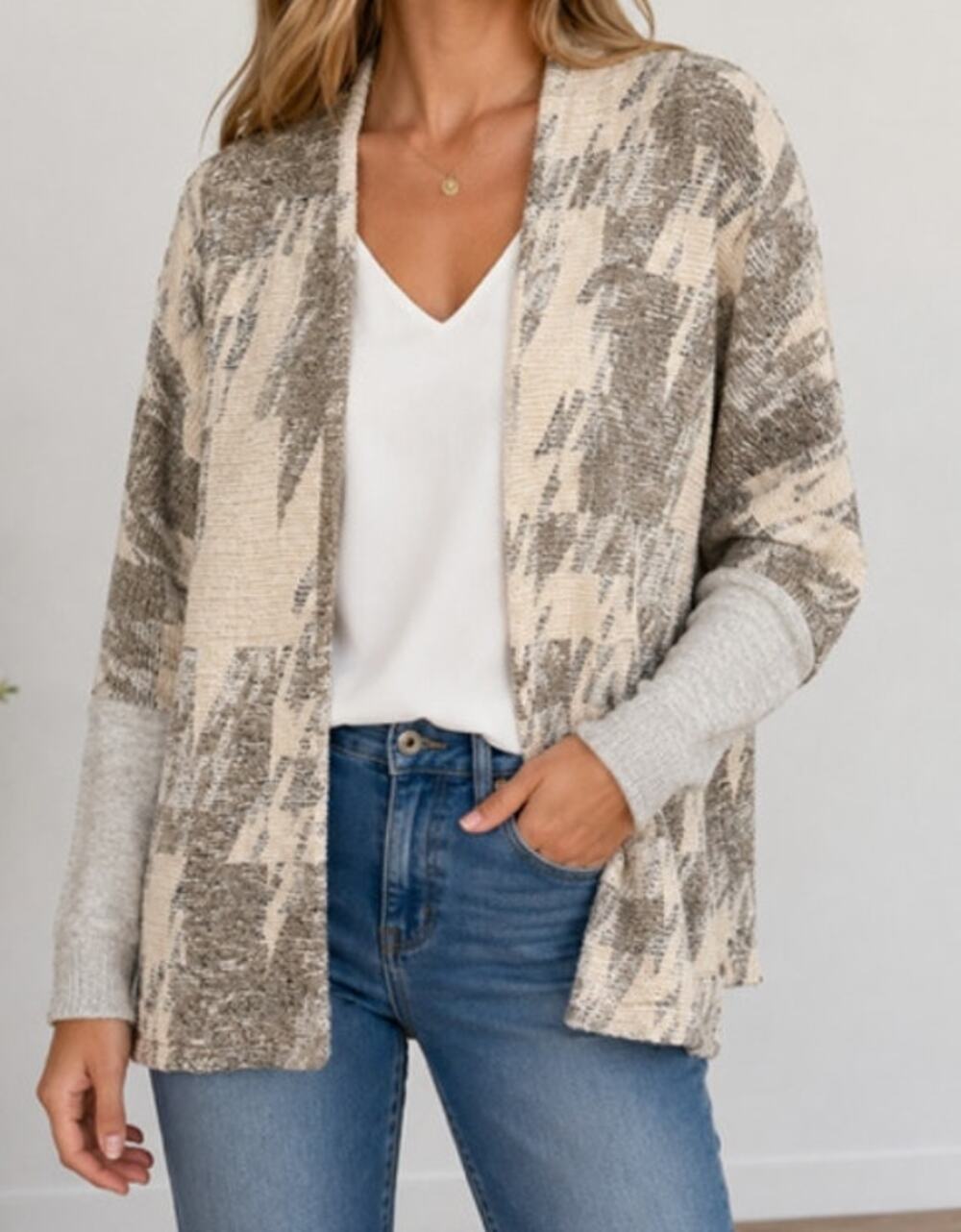 Dolan Anthropologie Open Front Abstract Knit Cardigan Sweater XS Gray Ivory USA